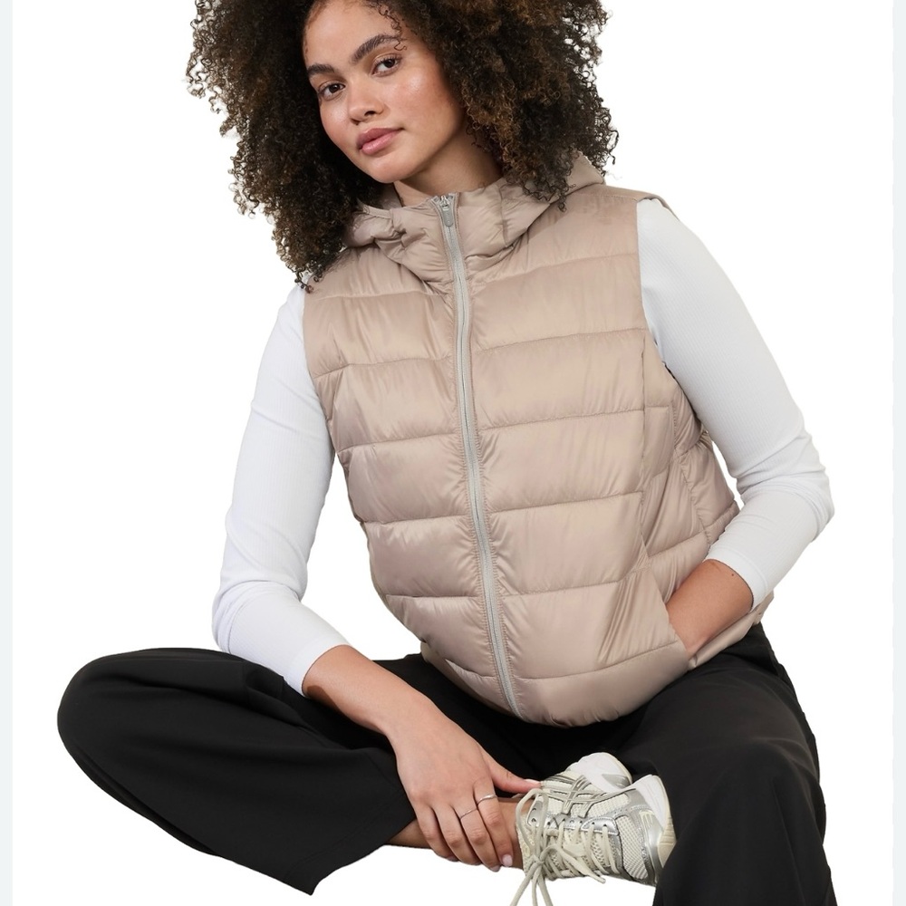 Athleta Aire Puffer Vest with Hood, Tan with a slight shimmer.  Size LG